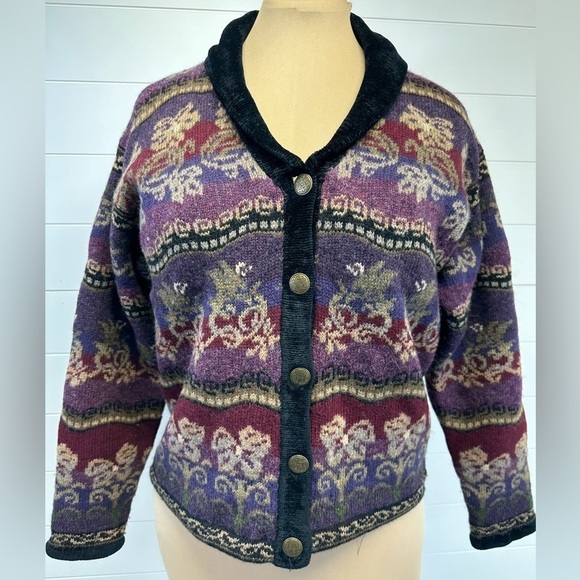 Vintage Icelandic Design Nordic Floral Lined Wool Cardigan Sz Medium - Picture 1 of 8